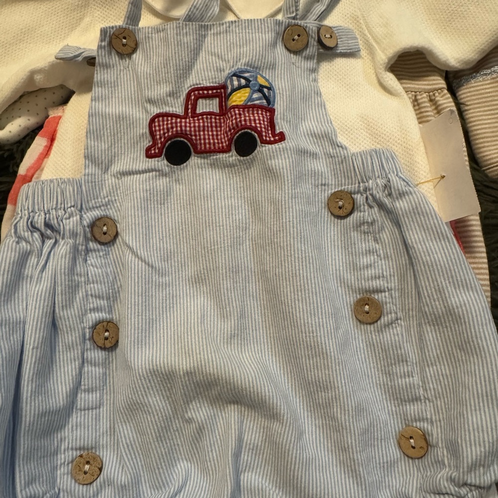 Blue Striped Kids Overalls with Truck Embroidery